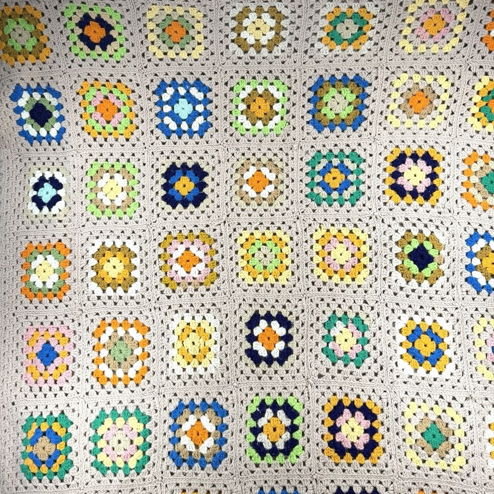 VTG Granny Square Blanket Cottage Core Colorful Boho 68x58" Roseanne Sofa Throw
